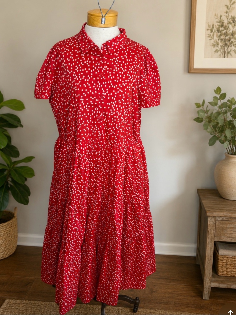 Joules Sadie Red Dot Button Front Tiered Midi Dress | US 14
